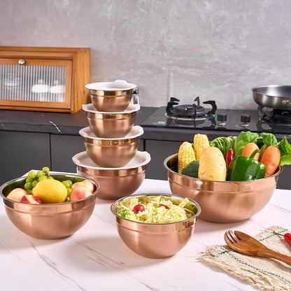 Gold Mixing Bowls with Airtight Lids, Stainless Steel Nesting Mixing Bowls Set of 7, Ideal for Baking, Prepping and Serving Food, Size 7, 3.6, 2.7, 2.1, 1.5, 1.1,0.8 QT, Stackable Design