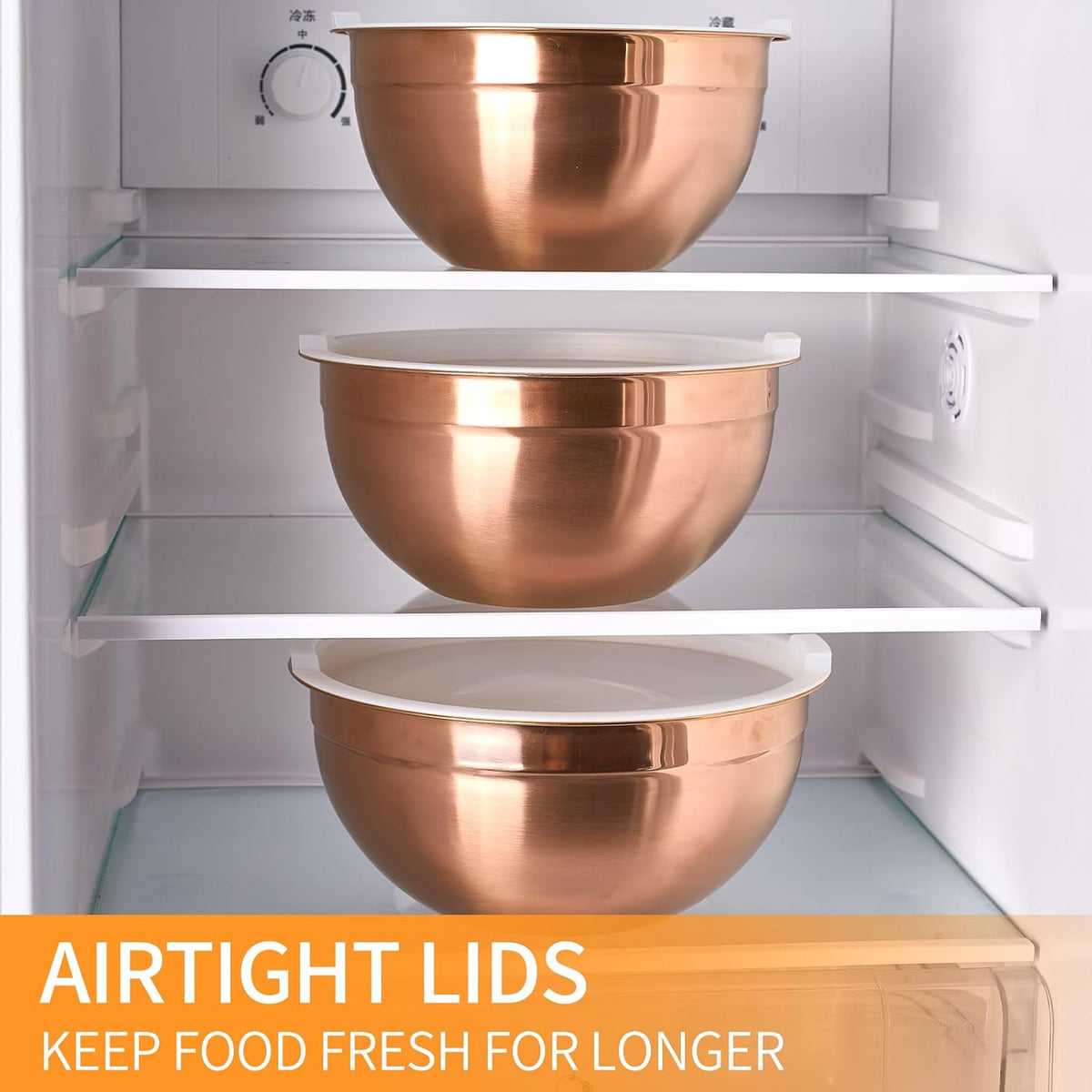 Gold Mixing Bowls with Airtight Lids, Stainless Steel Nesting Mixing Bowls Set of 7, Ideal for Baking, Prepping and Serving Food, Size 7, 3.6, 2.7, 2.1, 1.5, 1.1,0.8 QT, Stackable Design
