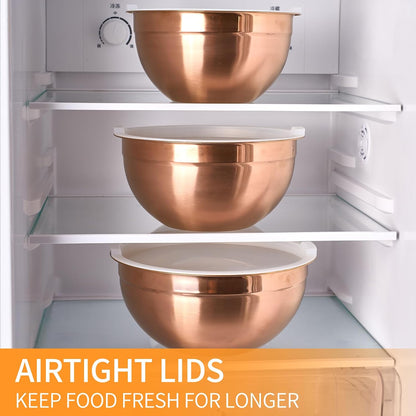 Gold Mixing Bowls with Airtight Lids, Stainless Steel Nesting Mixing Bowls Set of 7, Ideal for Baking, Prepping and Serving Food, Size 7, 3.6, 2.7, 2.1, 1.5, 1.1,0.8 QT, Stackable Design