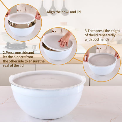 Gold Mixing Bowls with Airtight Lids, Stainless Steel Nesting Mixing Bowls Set of 7, Ideal for Baking, Prepping and Serving Food, Size 7, 3.6, 2.7, 2.1, 1.5, 1.1,0.8 QT, Stackable Design