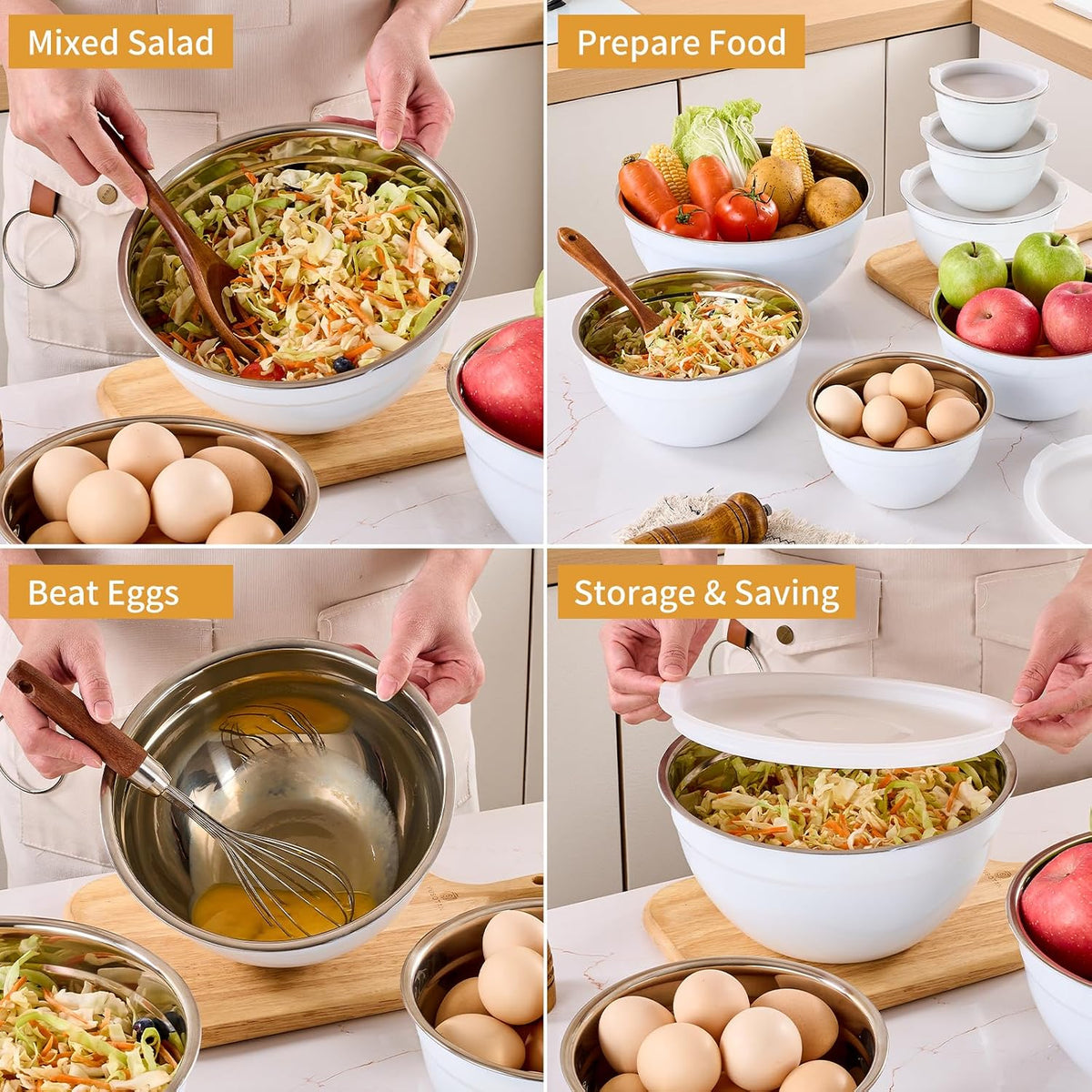 Gold Mixing Bowls with Airtight Lids, Stainless Steel Nesting Mixing Bowls Set of 7, Ideal for Baking, Prepping and Serving Food, Size 7, 3.6, 2.7, 2.1, 1.5, 1.1,0.8 QT, Stackable Design