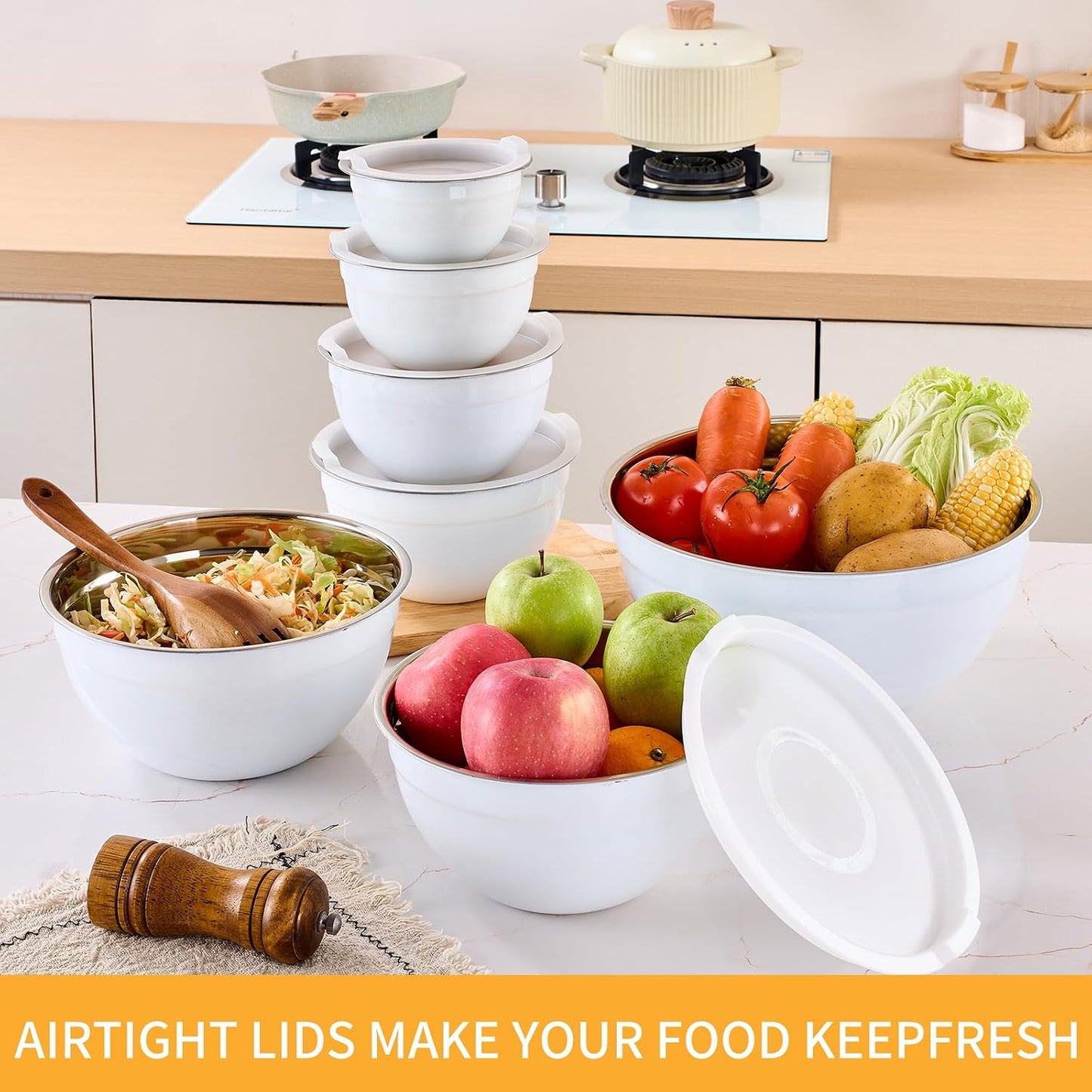 Gold Mixing Bowls with Airtight Lids, Stainless Steel Nesting Mixing Bowls Set of 7, Ideal for Baking, Prepping and Serving Food, Size 7, 3.6, 2.7, 2.1, 1.5, 1.1,0.8 QT, Stackable Design
