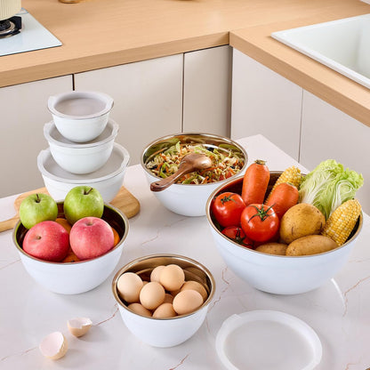 Gold Mixing Bowls with Airtight Lids, Stainless Steel Nesting Mixing Bowls Set of 7, Ideal for Baking, Prepping and Serving Food, Size 7, 3.6, 2.7, 2.1, 1.5, 1.1,0.8 QT, Stackable Design