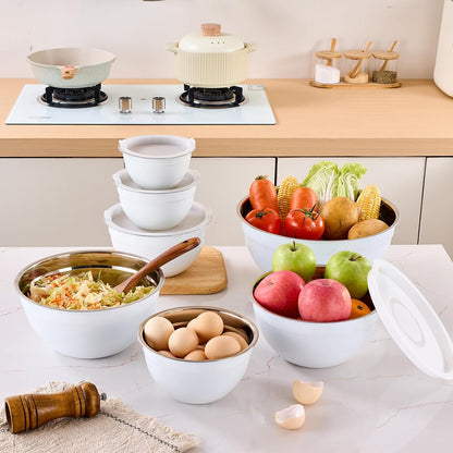 Gold Mixing Bowls with Airtight Lids, Stainless Steel Nesting Mixing Bowls Set of 7, Ideal for Baking, Prepping and Serving Food, Size 7, 3.6, 2.7, 2.1, 1.5, 1.1,0.8 QT, Stackable Design