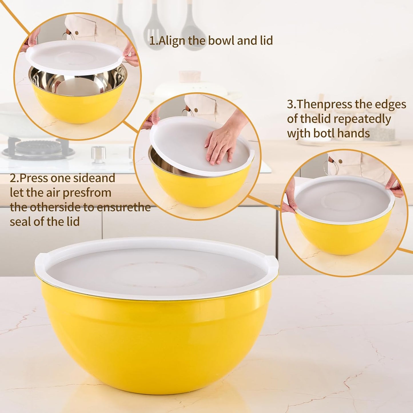 Gold Mixing Bowls with Airtight Lids, Stainless Steel Nesting Mixing Bowls Set of 7, Ideal for Baking, Prepping and Serving Food, Size 7, 3.6, 2.7, 2.1, 1.5, 1.1,0.8 QT, Stackable Design