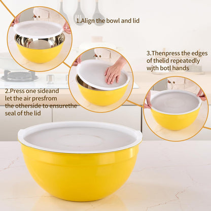 Gold Mixing Bowls with Airtight Lids, Stainless Steel Nesting Mixing Bowls Set of 7, Ideal for Baking, Prepping and Serving Food, Size 7, 3.6, 2.7, 2.1, 1.5, 1.1,0.8 QT, Stackable Design