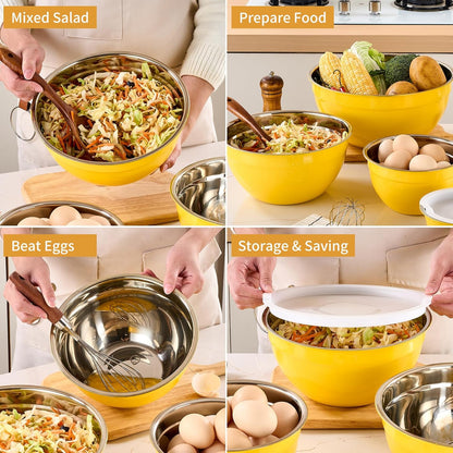 Gold Mixing Bowls with Airtight Lids, Stainless Steel Nesting Mixing Bowls Set of 7, Ideal for Baking, Prepping and Serving Food, Size 7, 3.6, 2.7, 2.1, 1.5, 1.1,0.8 QT, Stackable Design