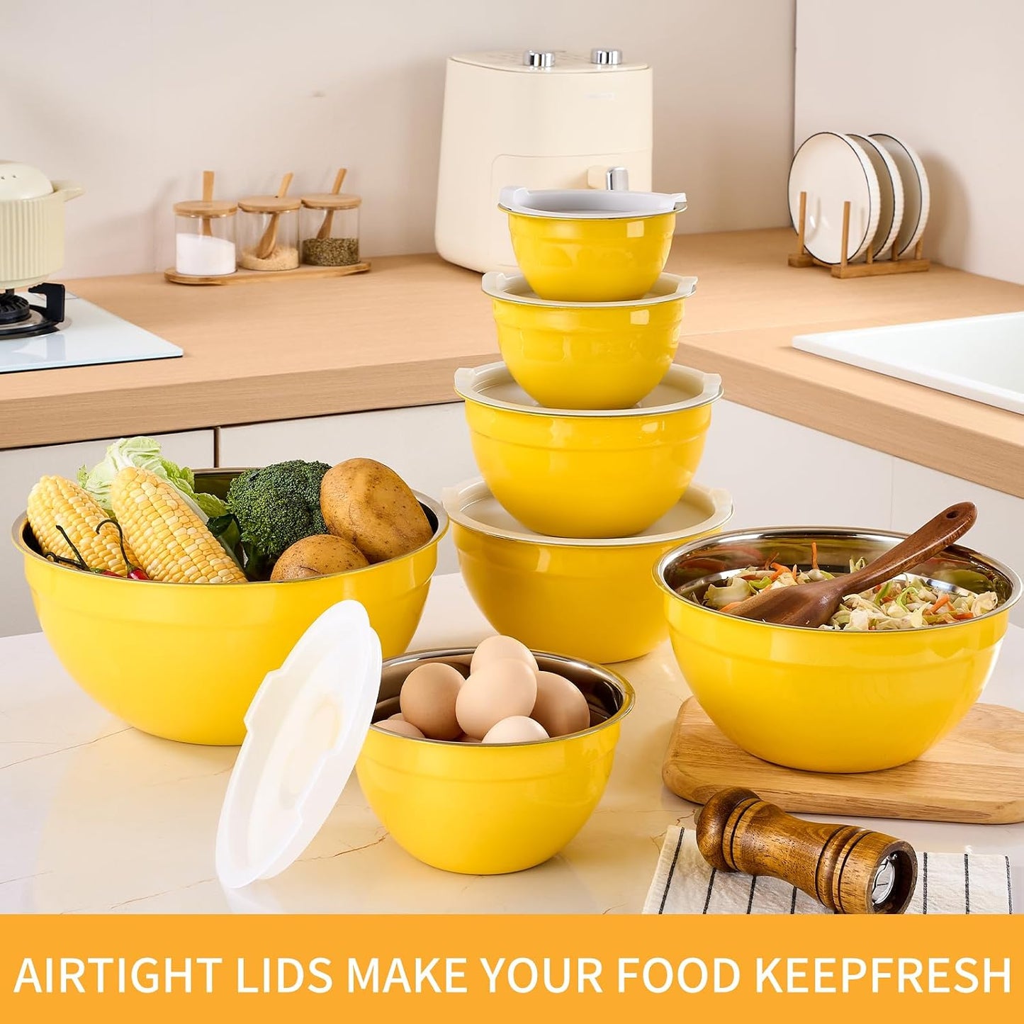 Gold Mixing Bowls with Airtight Lids, Stainless Steel Nesting Mixing Bowls Set of 7, Ideal for Baking, Prepping and Serving Food, Size 7, 3.6, 2.7, 2.1, 1.5, 1.1,0.8 QT, Stackable Design