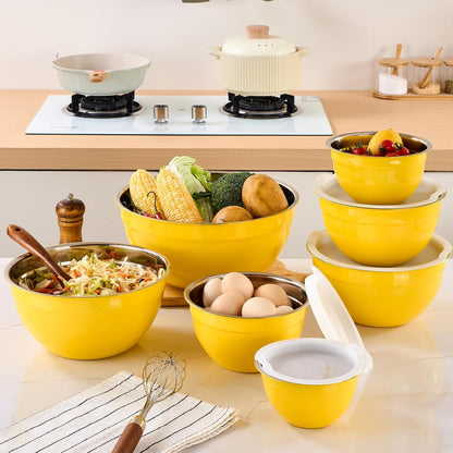 Gold Mixing Bowls with Airtight Lids, Stainless Steel Nesting Mixing Bowls Set of 7, Ideal for Baking, Prepping and Serving Food, Size 7, 3.6, 2.7, 2.1, 1.5, 1.1,0.8 QT, Stackable Design