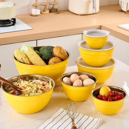 Gold Mixing Bowls with Airtight Lids, Stainless Steel Nesting Mixing Bowls Set of 7, Ideal for Baking, Prepping and Serving Food, Size 7, 3.6, 2.7, 2.1, 1.5, 1.1,0.8 QT, Stackable Design