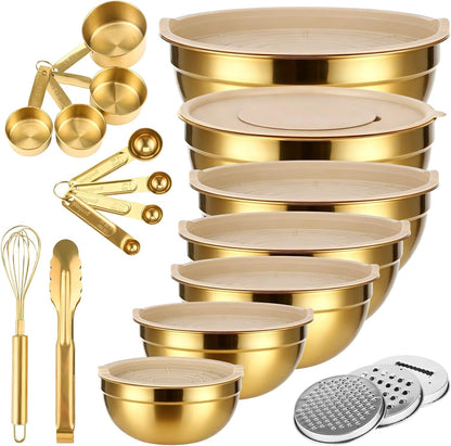 20 PCS Gold Mixing Bowls with Lids Set - 7 Mixing Bowls with 3 Graters, 8 Measuring Spoons, 1 Whisk, and 1 Food Tong, Nesting Bowl Set for Baking, Cooking, Meal Prep