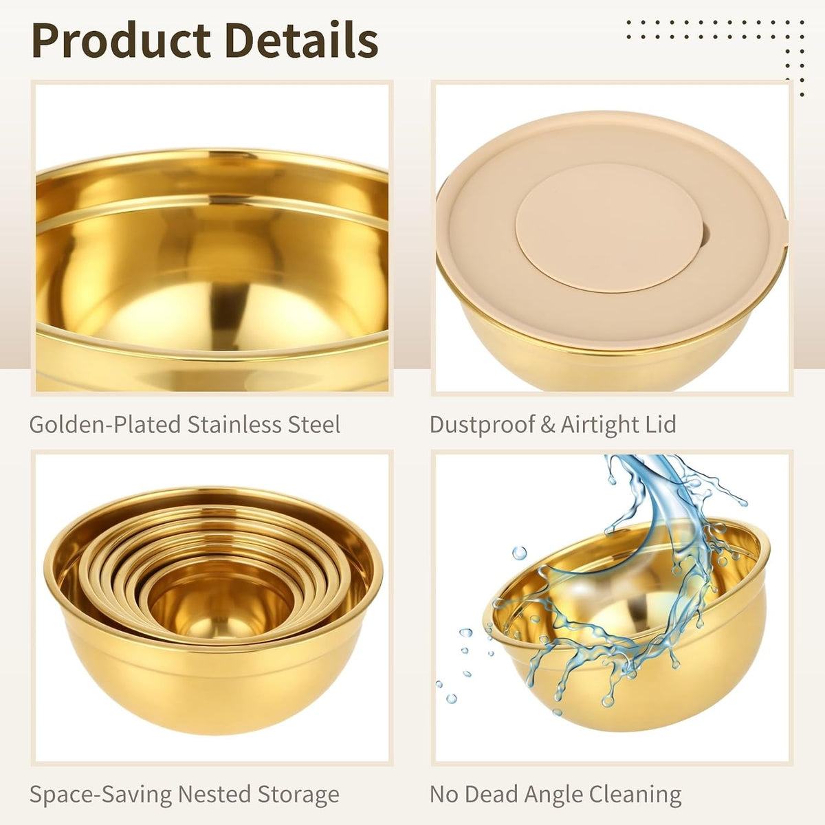 20 PCS Gold Mixing Bowls with Lids Set - 7 Mixing Bowls with 3 Graters, 8 Measuring Spoons, 1 Whisk, and 1 Food Tong, Nesting Bowl Set for Baking, Cooking, Meal Prep