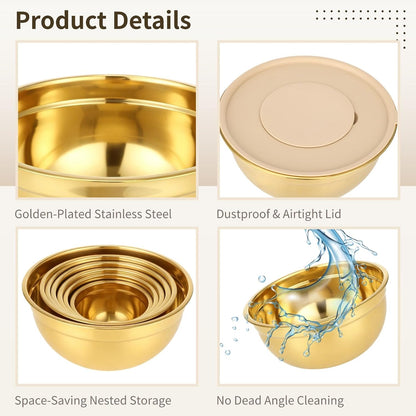 20 PCS Gold Mixing Bowls with Lids Set - 7 Mixing Bowls with 3 Graters, 8 Measuring Spoons, 1 Whisk, and 1 Food Tong, Nesting Bowl Set for Baking, Cooking, Meal Prep