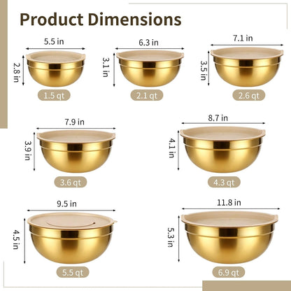 20 PCS Gold Mixing Bowls with Lids Set - 7 Mixing Bowls with 3 Graters, 8 Measuring Spoons, 1 Whisk, and 1 Food Tong, Nesting Bowl Set for Baking, Cooking, Meal Prep