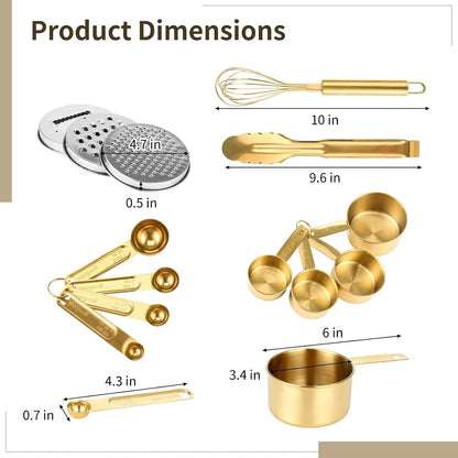 20 PCS Gold Mixing Bowls with Lids Set - 7 Mixing Bowls with 3 Graters, 8 Measuring Spoons, 1 Whisk, and 1 Food Tong, Nesting Bowl Set for Baking, Cooking, Meal Prep