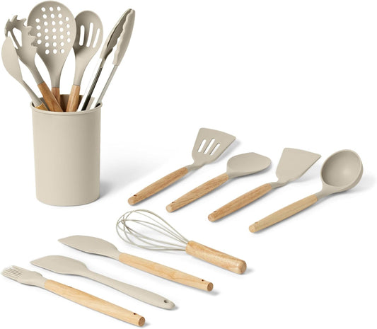 Silicone Cooking Utensils Set with Wooden Handle, 14-Piece, BPA-Free, Utensil Holder Included, Linen Gray