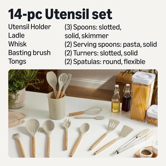 Silicone Cooking Utensils Set with Wooden Handle, 14-Piece, BPA-Free, Utensil Holder Included, Linen Gray