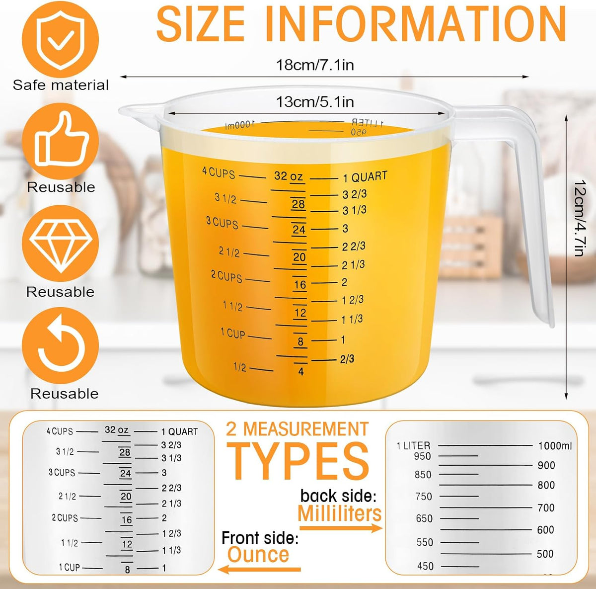 24 Pcs 4 Cup Capacity Plastic Measuring Cup 1000 ml Clear Graduated Measuring Cups Plastic Mug with Spout and Handles Ounce and Ml Marking for Recipe Ingredient Flour Water Liquid(Red,32 oz)