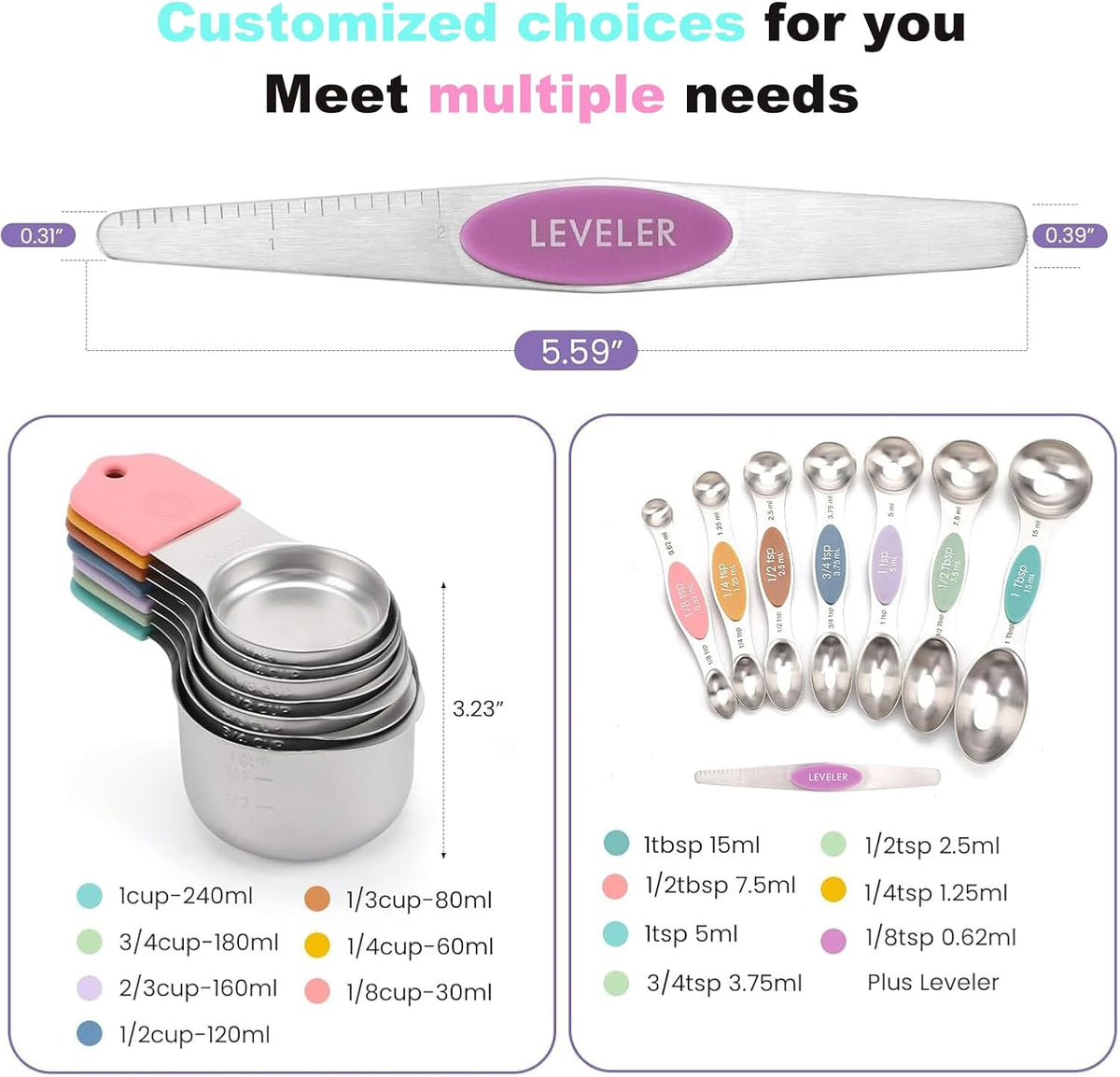 Magnetic Measuring Cups and Spoons Set, 304 Stainless Steel Fits