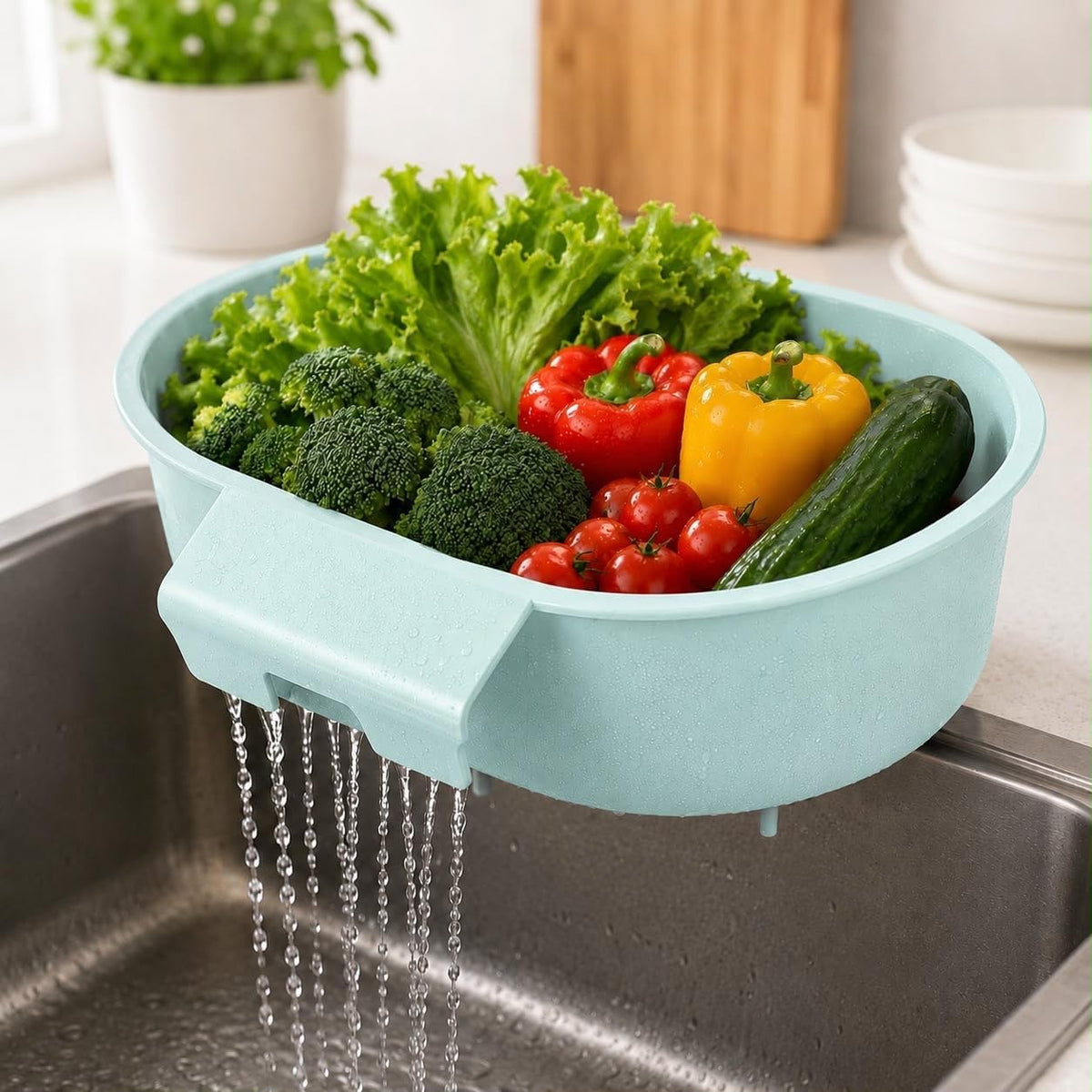 Over Sink Colander with Handle 9.5" × 6.5" × 3.9" – Kitchen Sink Strainer Basket for Washing Fruits & Vegetables, Draining Pasta, Defrosting Food & Drying Dishes, BPA-Free Dishwasher Safe, Light Blue