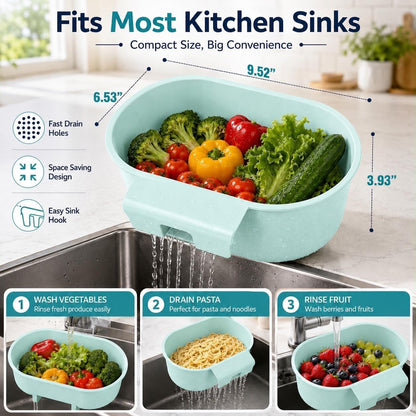 Over Sink Colander with Handle 9.5" × 6.5" × 3.9" – Kitchen Sink Strainer Basket for Washing Fruits & Vegetables, Draining Pasta, Defrosting Food & Drying Dishes, BPA-Free Dishwasher Safe, Light Blue