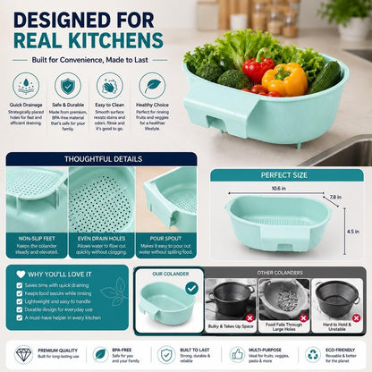 Over Sink Colander with Handle 9.5" × 6.5" × 3.9" – Kitchen Sink Strainer Basket for Washing Fruits & Vegetables, Draining Pasta, Defrosting Food & Drying Dishes, BPA-Free Dishwasher Safe, Light Blue