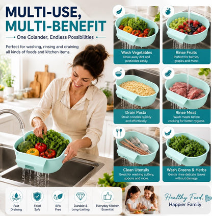 Over Sink Colander with Handle 9.5" × 6.5" × 3.9" – Kitchen Sink Strainer Basket for Washing Fruits & Vegetables, Draining Pasta, Defrosting Food & Drying Dishes, BPA-Free Dishwasher Safe, Light Blue