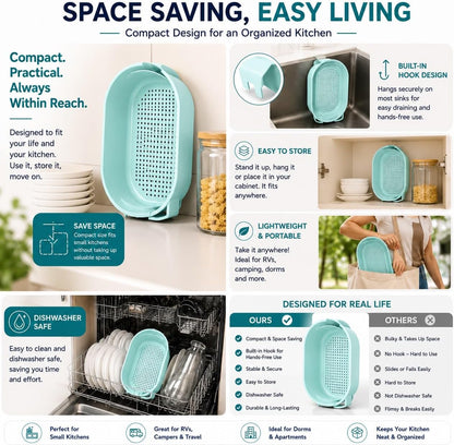 Over Sink Colander with Handle 9.5" × 6.5" × 3.9" – Kitchen Sink Strainer Basket for Washing Fruits & Vegetables, Draining Pasta, Defrosting Food & Drying Dishes, BPA-Free Dishwasher Safe, Light Blue