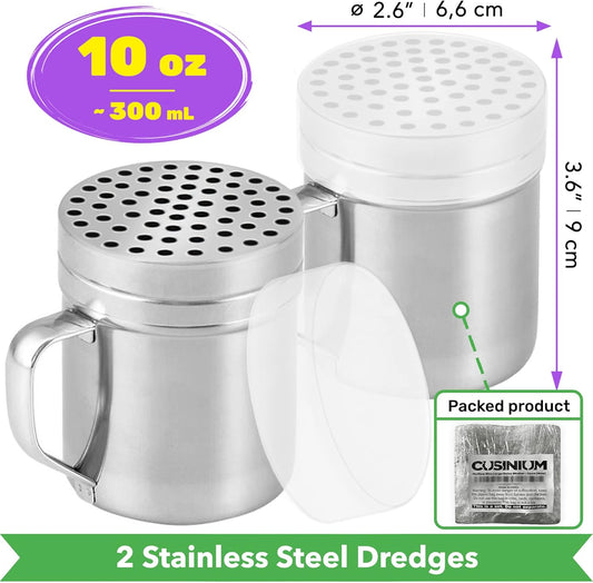 CUSINIUM 10oz Metal Parmesan Cheese Shakers with Large Holes - With Handle - Chili Flakes Dispensers - Pizza Shakers - Pack of 2 | Style: Coarse