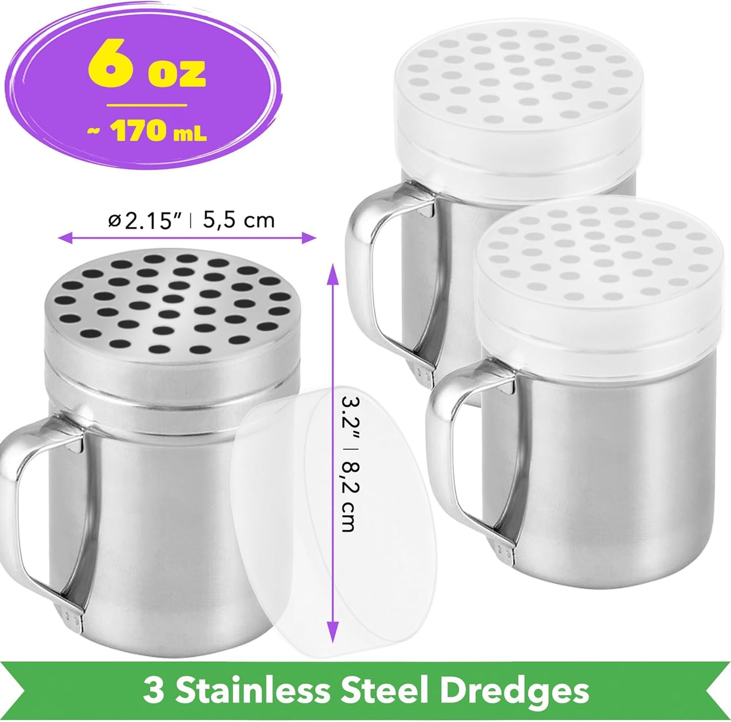 CUSINIUM 10oz Metal Parmesan Cheese Shakers with Large Holes - With Handle - Chili Flakes Dispensers - Pizza Shakers - Pack of 2 | Style: Coarse
