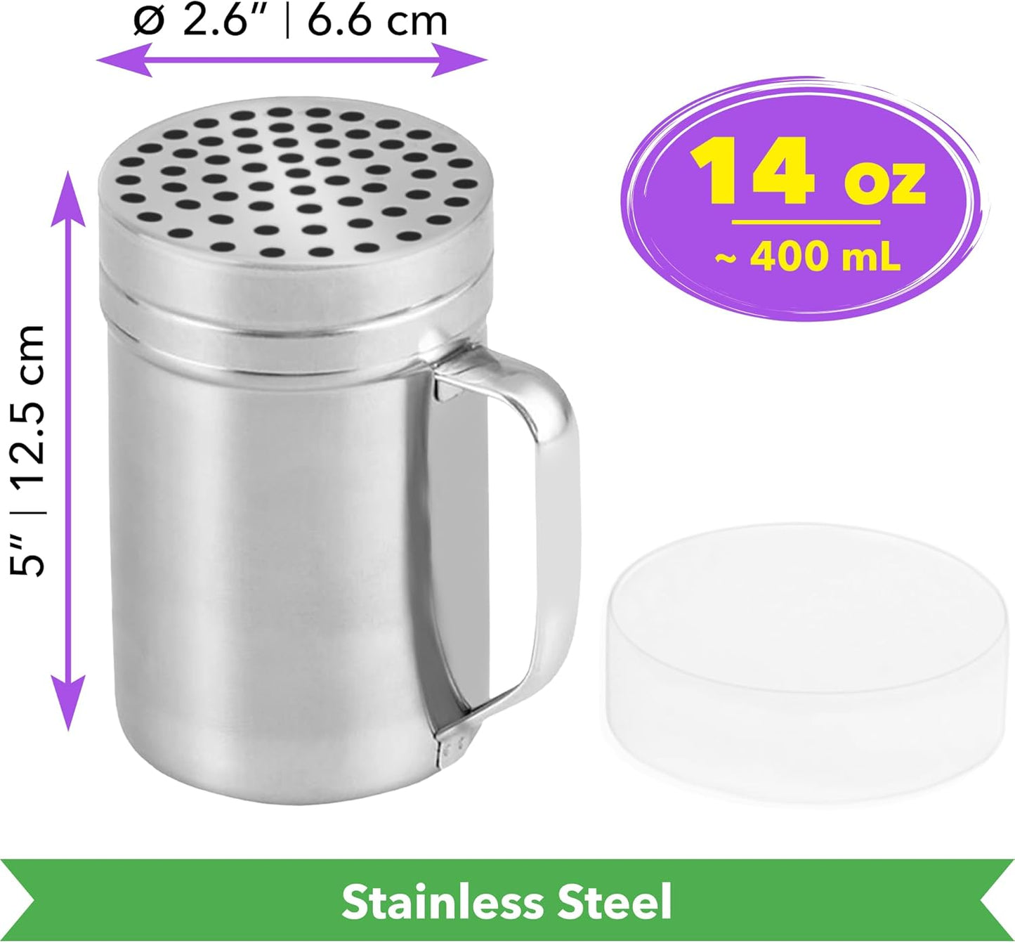 CUSINIUM 10oz Metal Parmesan Cheese Shakers with Large Holes - With Handle - Chili Flakes Dispensers - Pizza Shakers - Pack of 2 | Style: Coarse