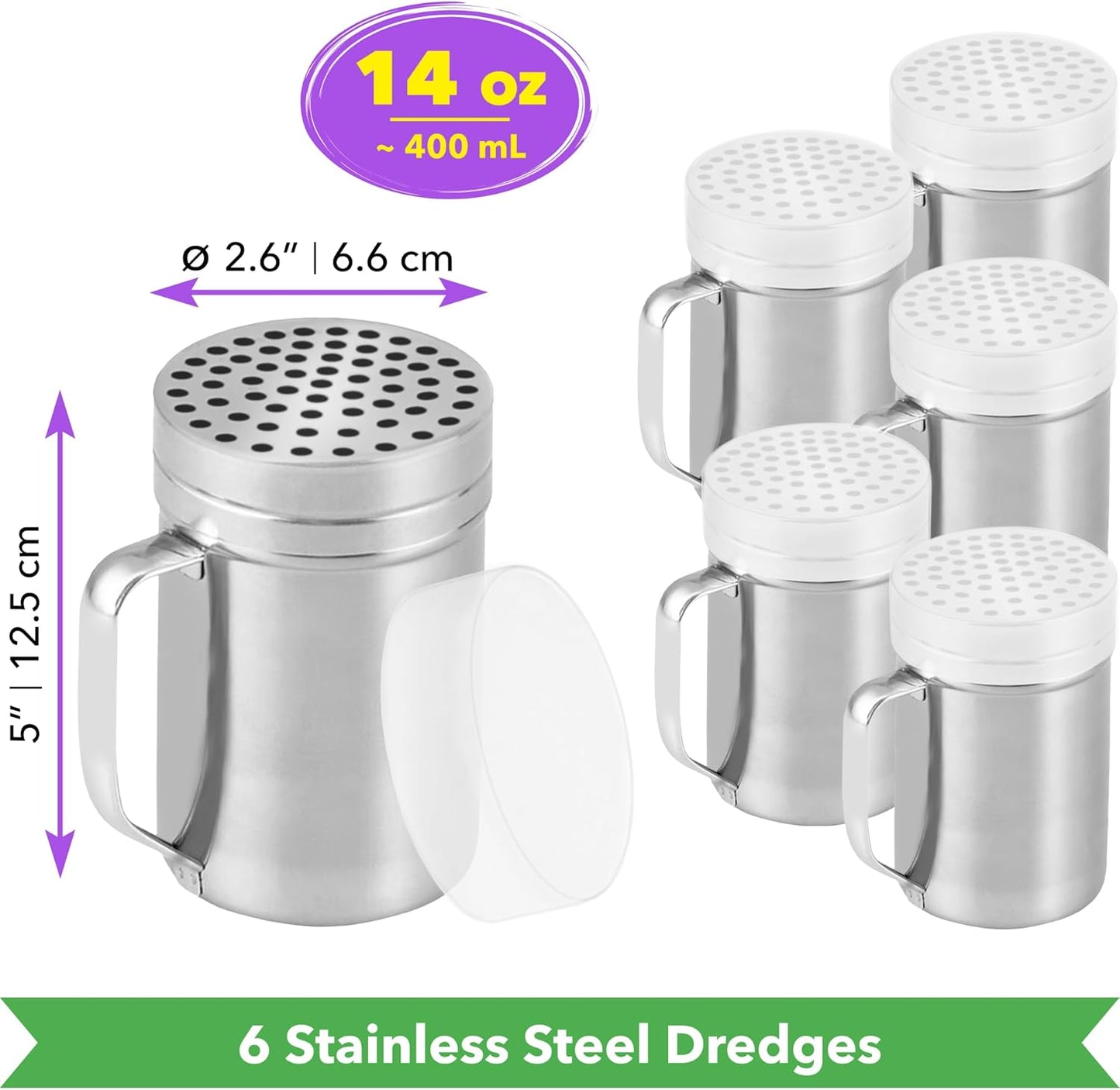 CUSINIUM 10oz Metal Parmesan Cheese Shakers with Large Holes - With Handle - Chili Flakes Dispensers - Pizza Shakers - Pack of 2 | Style: Coarse