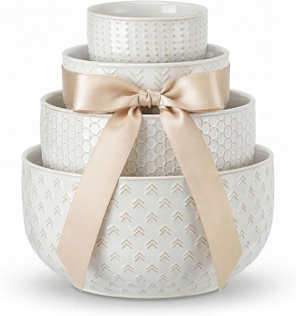 Ceramic Large Mixing Bowls Set of 4, 20/44/98/145 OZ, Ivory White | Nesting Bowls for Cooking, Baking, Salad Etc, Serving Bowls Gift, Kitchen Stoneware, Oven, Microwave and Dishwasher Safe