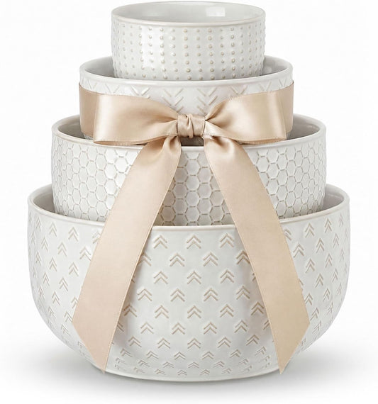 Ceramic Large Mixing Bowls Set of 4, 20/44/98/145 OZ, Ivory White | Nesting Bowls for Cooking, Baking, Salad Etc, Serving Bowls Gift, Kitchen Stoneware, Oven, Microwave and Dishwasher Safe