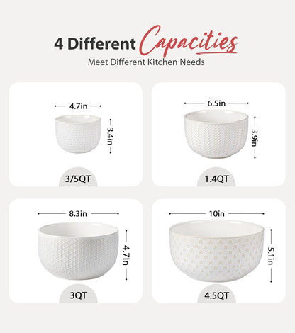 Ceramic Large Mixing Bowls Set of 4, 20/44/98/145 OZ, Ivory White | Nesting Bowls for Cooking, Baking, Salad Etc, Serving Bowls Gift, Kitchen Stoneware, Oven, Microwave and Dishwasher Safe