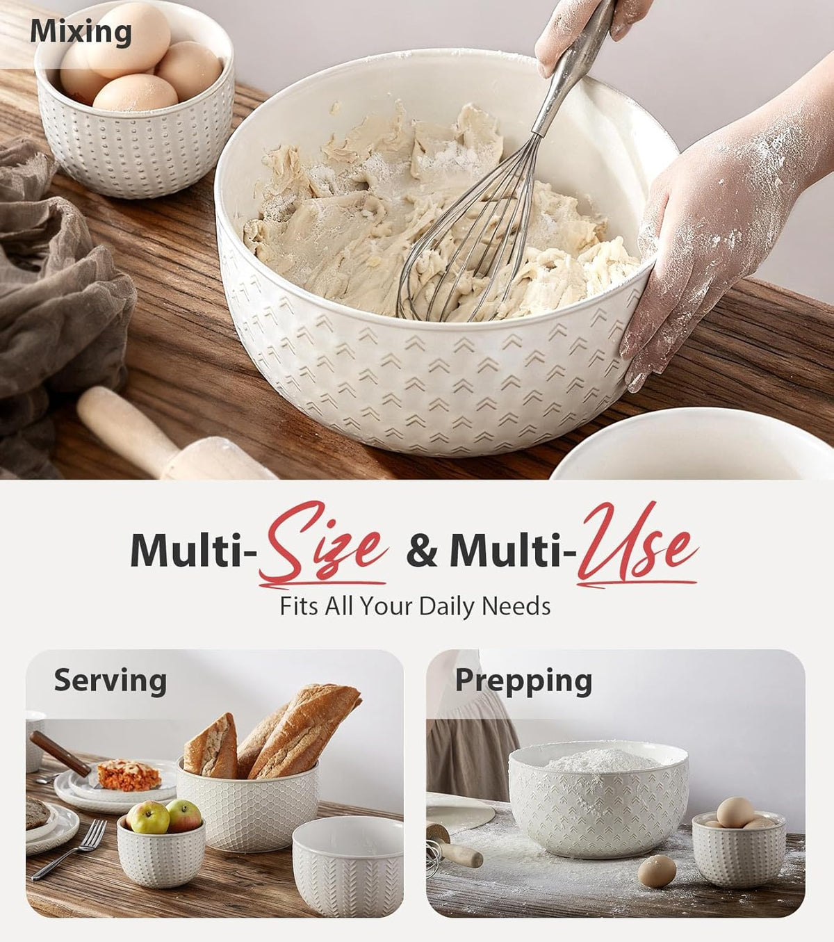 Ceramic Large Mixing Bowls Set of 4, 20/44/98/145 OZ, Ivory White | Nesting Bowls for Cooking, Baking, Salad Etc, Serving Bowls Gift, Kitchen Stoneware, Oven, Microwave and Dishwasher Safe
