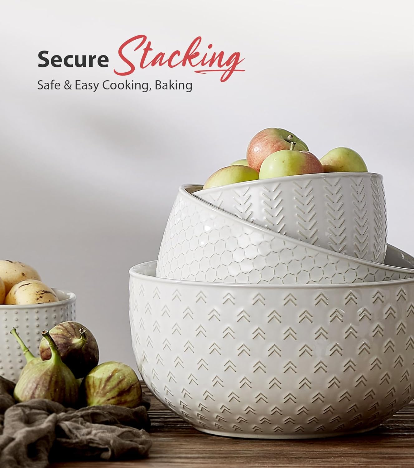 Ceramic Large Mixing Bowls Set of 4, 20/44/98/145 OZ, Ivory White | Nesting Bowls for Cooking, Baking, Salad Etc, Serving Bowls Gift, Kitchen Stoneware, Oven, Microwave and Dishwasher Safe