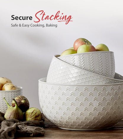 Ceramic Large Mixing Bowls Set of 4, 20/44/98/145 OZ, Ivory White | Nesting Bowls for Cooking, Baking, Salad Etc, Serving Bowls Gift, Kitchen Stoneware, Oven, Microwave and Dishwasher Safe