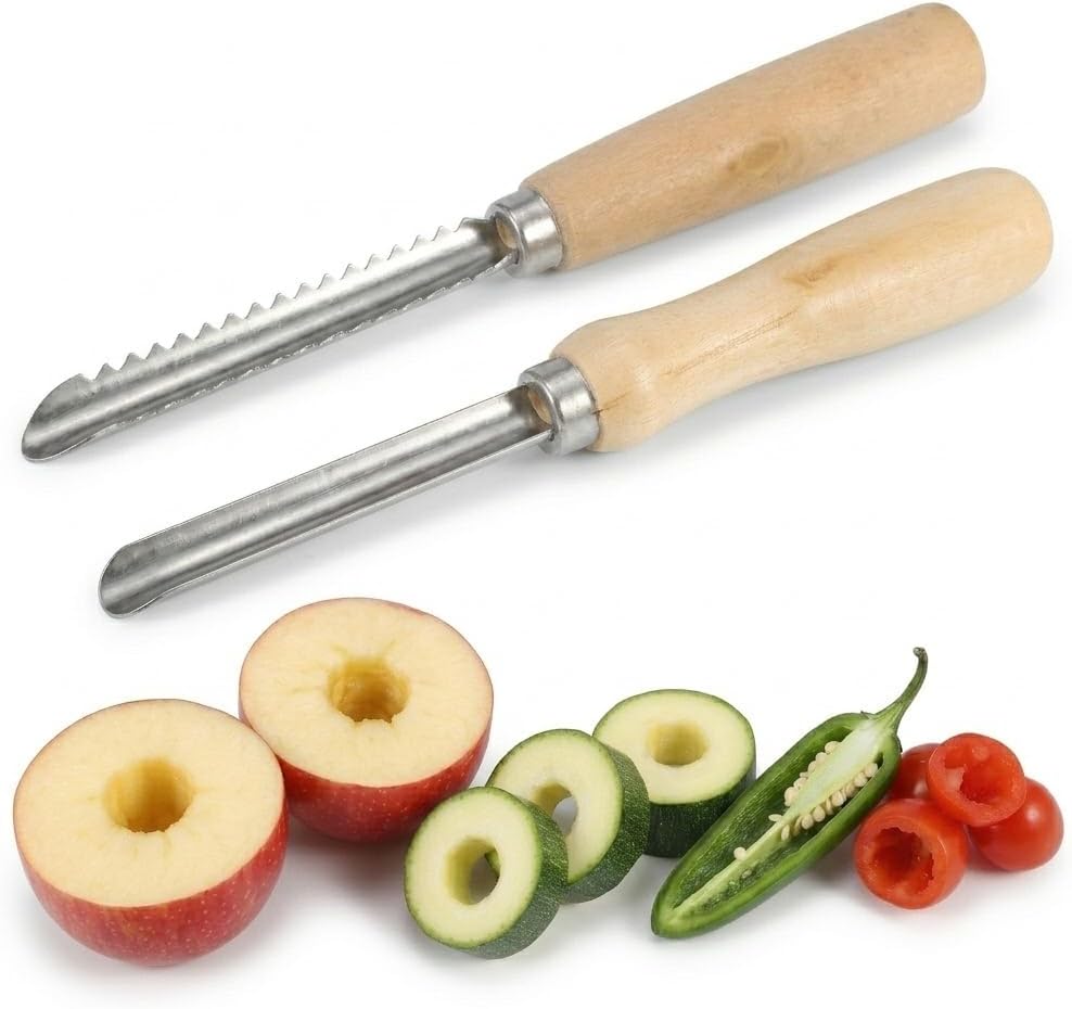 2-Piece Stainless Steel Jalapeno Corer & Zucchini Corer Tool Set - Heavy Duty Pepper Core Remover with Serrated & Smooth Blades - Multi-Use Vegetable & Fruit Pitter for Pear, Cherry, Jujube