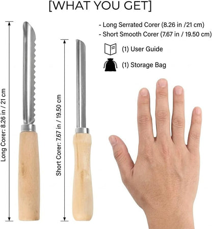 2-Piece Stainless Steel Jalapeno Corer & Zucchini Corer Tool Set - Heavy Duty Pepper Core Remover with Serrated & Smooth Blades - Multi-Use Vegetable & Fruit Pitter for Pear, Cherry, Jujube