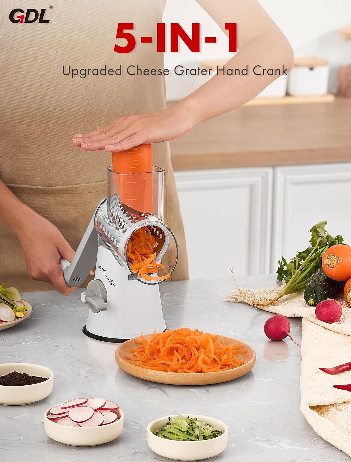 Upgraded 5 in 1 Rotary Cheese Grater, Cheese Shredder Vegetable Slicer