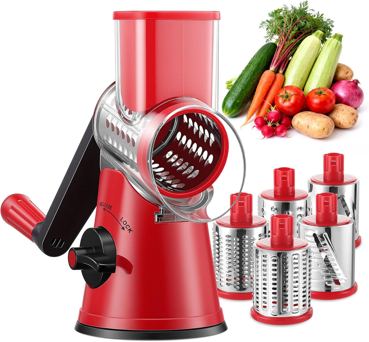 Upgraded 5 in 1 Rotary Cheese Grater, Cheese Shredder Vegetable Slicer