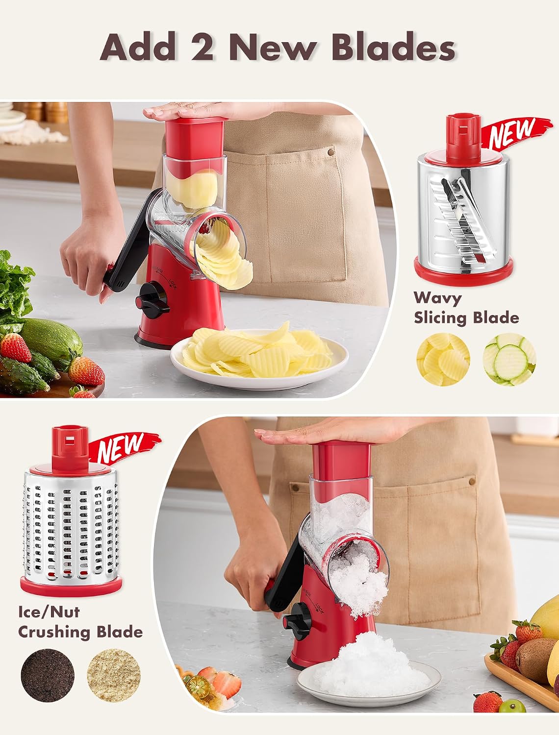 Upgraded 5 in 1 Rotary Cheese Grater, Cheese Shredder Vegetable Slicer