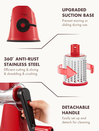 Upgraded 5 in 1 Rotary Cheese Grater, Cheese Shredder Vegetable Slicer