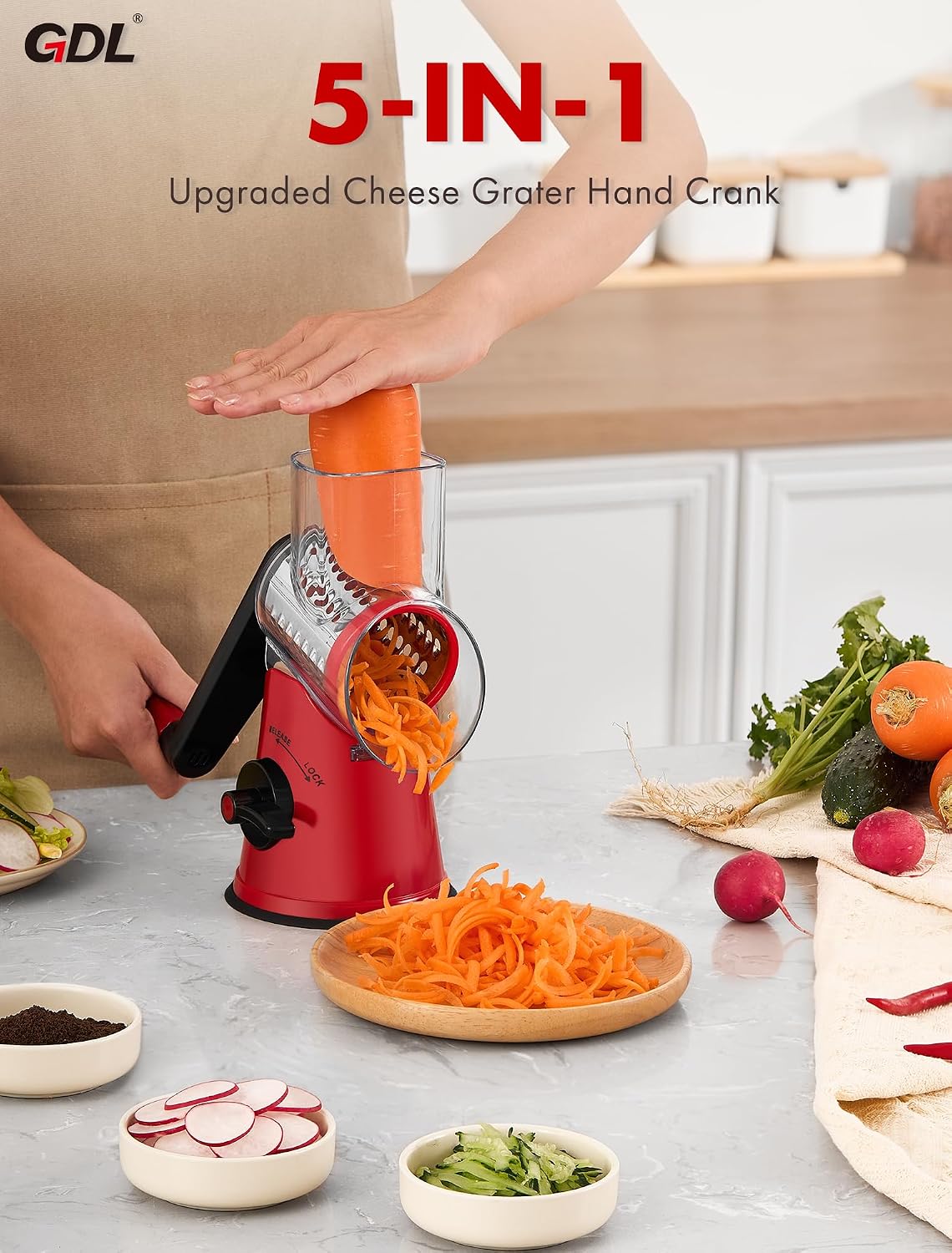 Upgraded 5 in 1 Rotary Cheese Grater, Cheese Shredder Vegetable Slicer