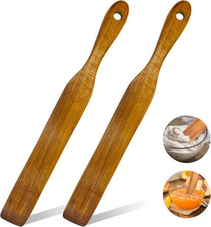 2 Pack Wooden Spurtle Spatula for Sourdough Starter Mixing, Long Handle Jar Scraper for Reaching Bottom, Dough Whisk and Stirring Utensil, Kitchen Tools for Baking, Cooking (2 Pack Wooden Spurtle)