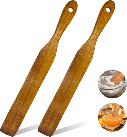 2 Pack Wooden Spurtle Spatula for Sourdough Starter Mixing, Long Handle Jar Scraper for Reaching Bottom, Dough Whisk and Stirring Utensil, Kitchen Tools for Baking, Cooking (2 Pack Wooden Spurtle)