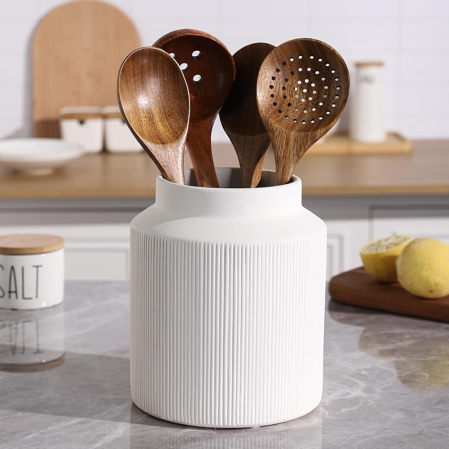 Farmhouse Ceramic Farmhouse Kitchen Utensil Holder for Countertop, Rustic Cooking Utensil Holder Crock Fit for Kitchen Counter. 6.1 x 6.1 x 7 IN