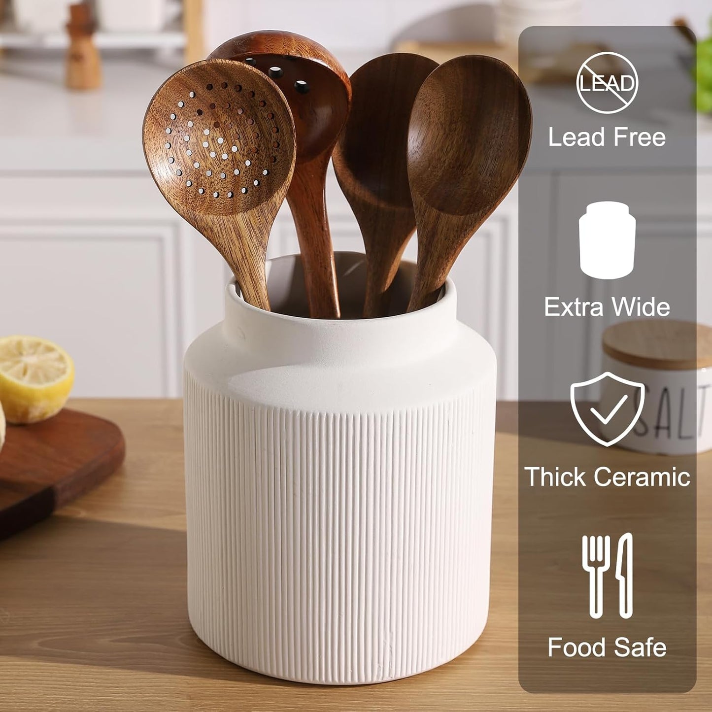 Farmhouse Ceramic Farmhouse Kitchen Utensil Holder for Countertop, Rustic Cooking Utensil Holder Crock Fit for Kitchen Counter. 6.1 x 6.1 x 7 IN