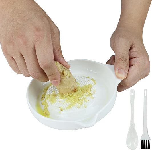 Ceramic Ginger Grater Plate, Grinding Dish, Kitchen Cooking Prep Tool | For Grinding Wasabi Fruits Vegetables Ginger Garlic Cheese, Package with Ceramic Spoon & Cleaning Brush